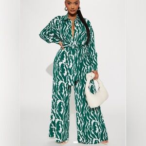 Fashion Nova Green and White Wide Leg Jumpsuit